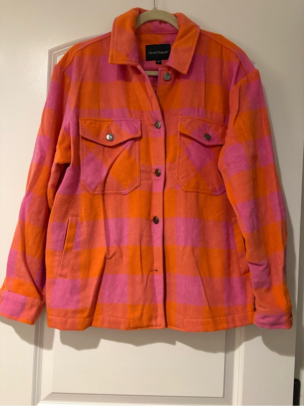 Velvet Heart Orange Pink Plaid Shacket